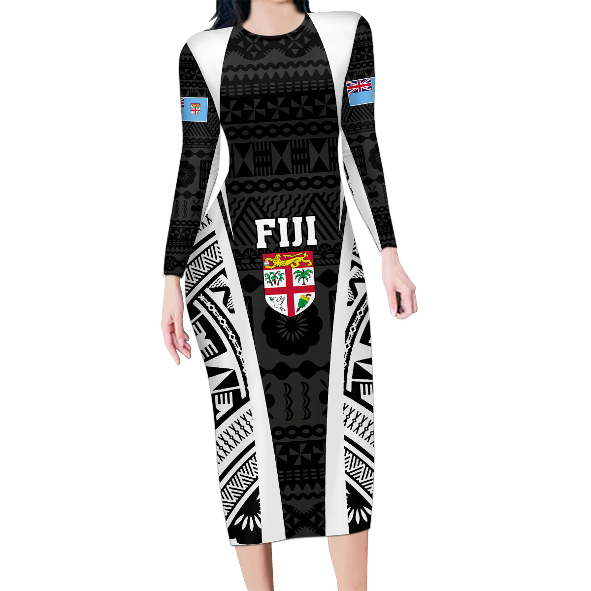 Personalised Fiji Rugby Family Matching Long Sleeve Bodycon Dress and Hawaiian Shirt 2023 World Cup History Makers - Black Ver LT7 Mom's Dress Black - Polynesian Pride