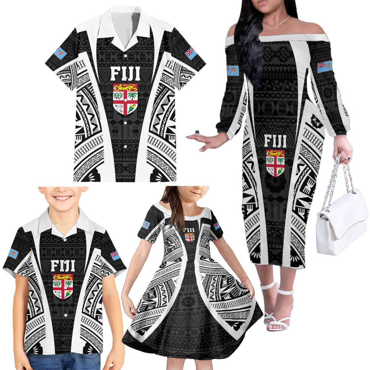 Personalised Fiji Rugby Family Matching Off Shoulder Long Sleeve Dress and Hawaiian Shirt 2023 World Cup History Makers - Black Ver LT7 - Polynesian Pride
