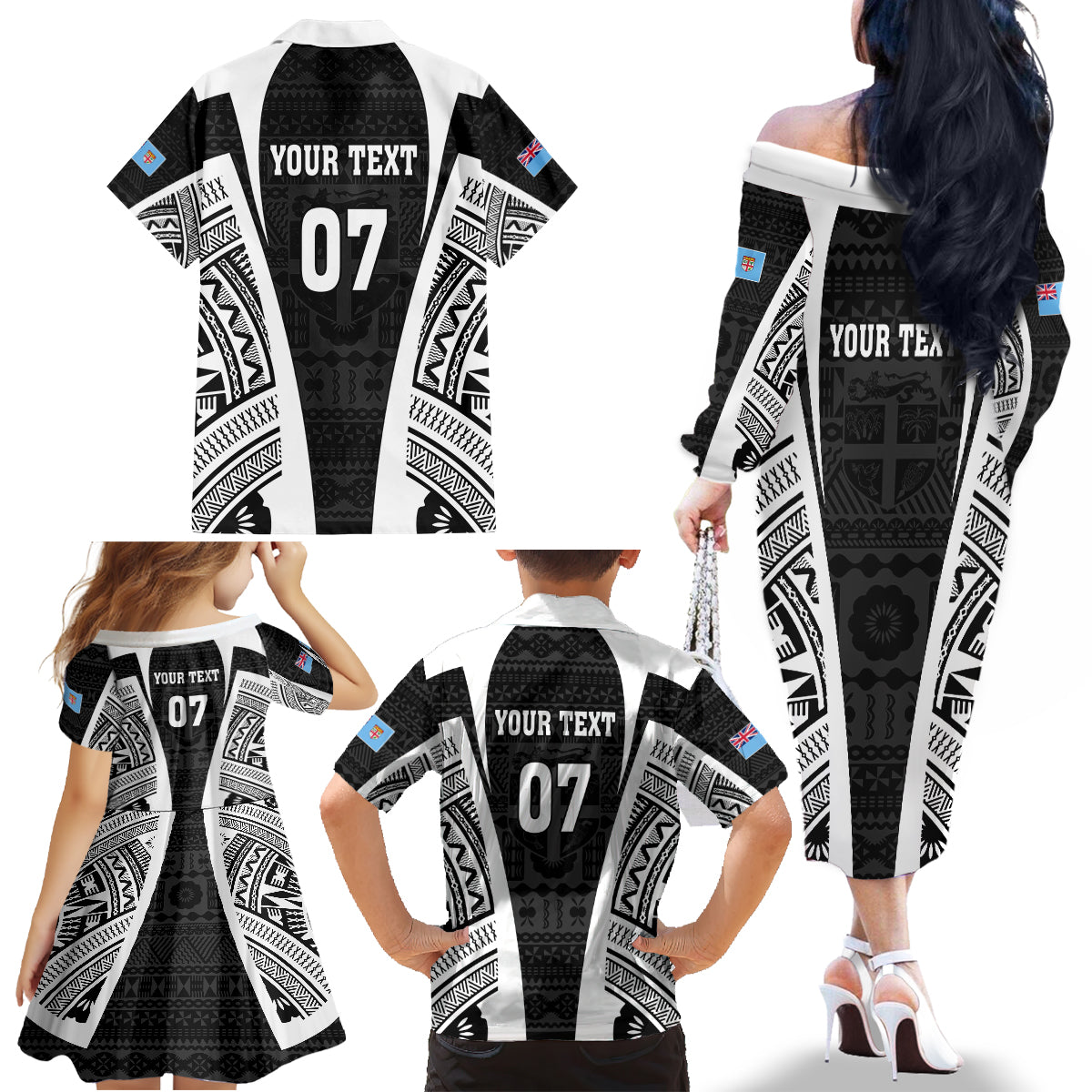 Personalised Fiji Rugby Family Matching Off Shoulder Long Sleeve Dress and Hawaiian Shirt 2023 World Cup History Makers - Black Ver LT7 - Polynesian Pride