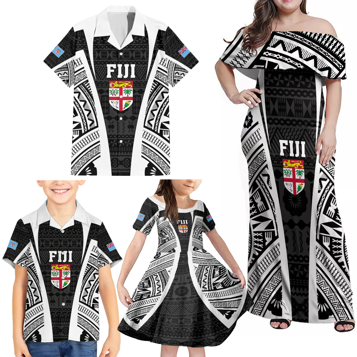 Personalised Fiji Rugby Family Matching Off Shoulder Maxi Dress and Hawaiian Shirt 2023 World Cup History Makers - Black Ver LT7 - Polynesian Pride