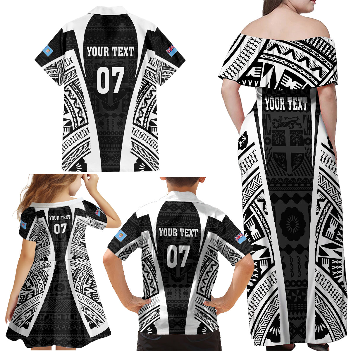 Personalised Fiji Rugby Family Matching Off Shoulder Maxi Dress and Hawaiian Shirt 2023 World Cup History Makers - Black Ver LT7 - Polynesian Pride