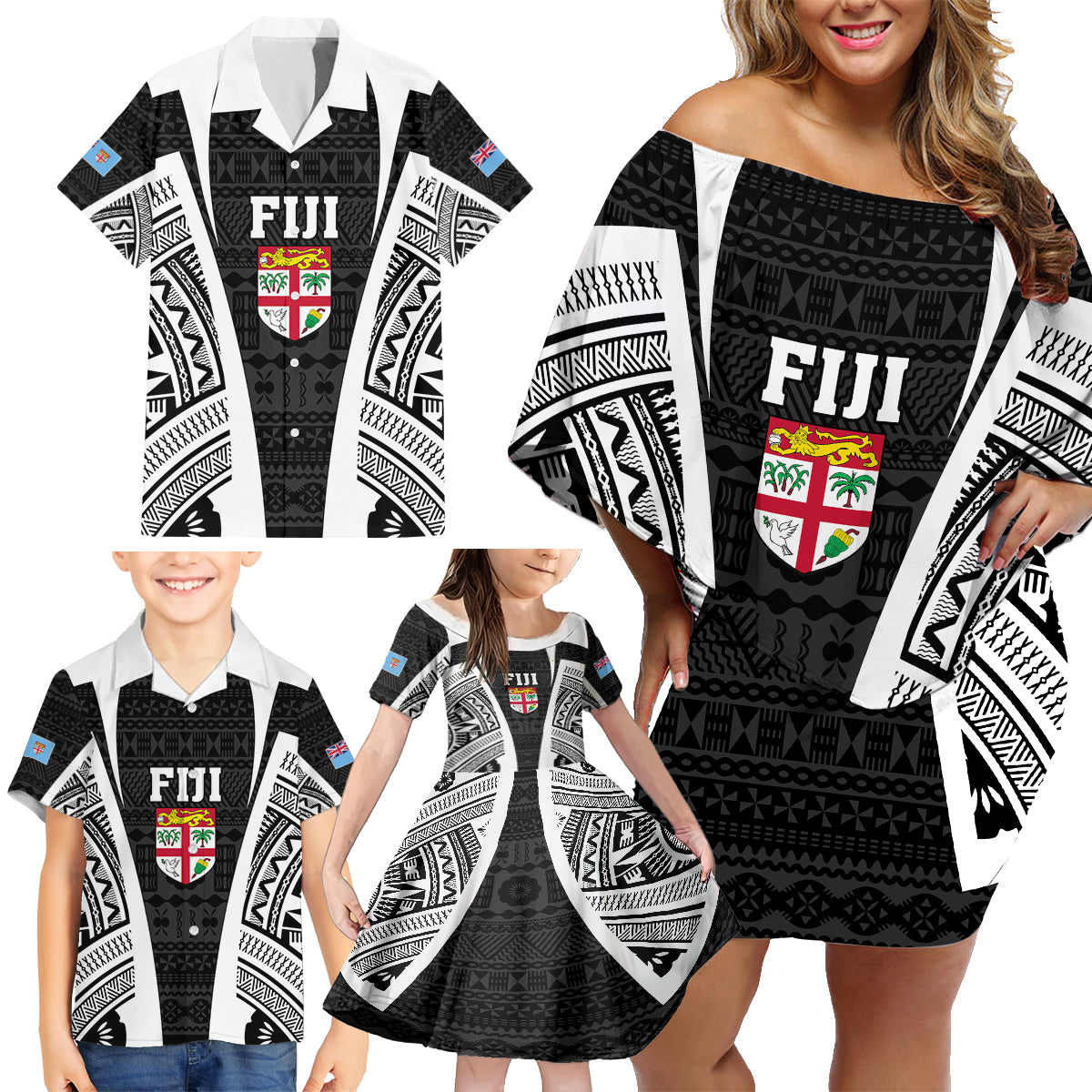 Personalised Fiji Rugby Family Matching Off Shoulder Short Dress and Hawaiian Shirt 2023 World Cup History Makers - Black Ver LT7 - Polynesian Pride