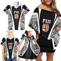 Personalised Fiji Rugby Family Matching Off Shoulder Short Dress and Hawaiian Shirt 2023 World Cup History Makers - Black Ver LT7 - Polynesian Pride