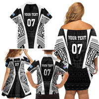 Personalised Fiji Rugby Family Matching Off Shoulder Short Dress and Hawaiian Shirt 2023 World Cup History Makers - Black Ver LT7 - Polynesian Pride