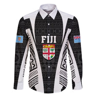 Personalised Fiji Rugby Family Matching Off Shoulder Short Dress and Hawaiian Shirt 2023 World Cup History Makers - Black Ver LT7 Dad's Shirt - Long Sleeve Black - Polynesian Pride