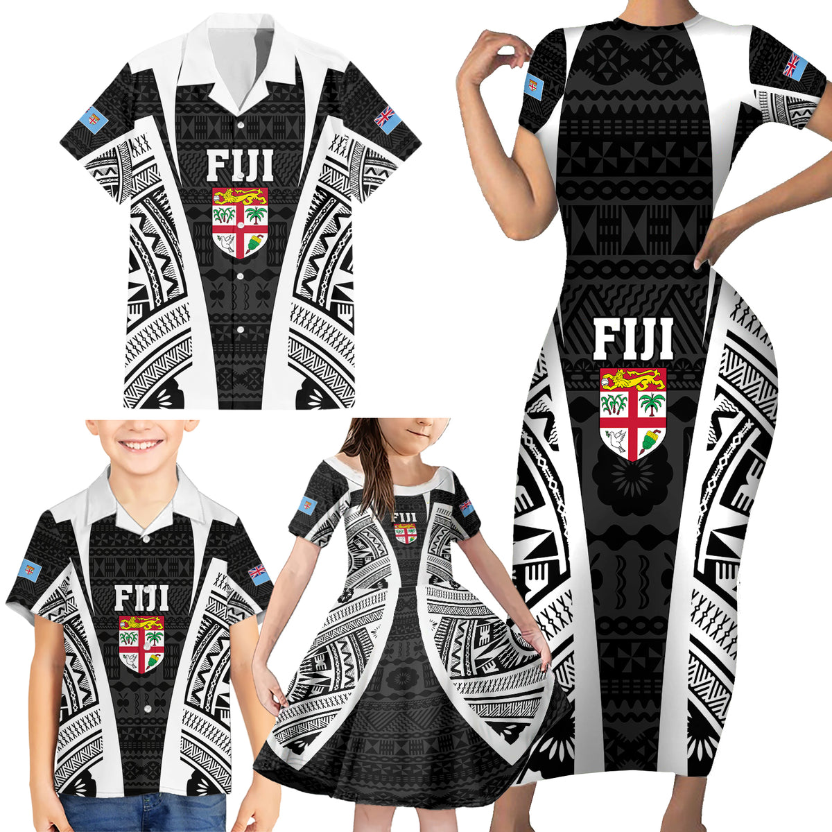 Personalised Fiji Rugby Family Matching Short Sleeve Bodycon Dress and Hawaiian Shirt 2023 World Cup History Makers - Black Ver LT7 - Polynesian Pride