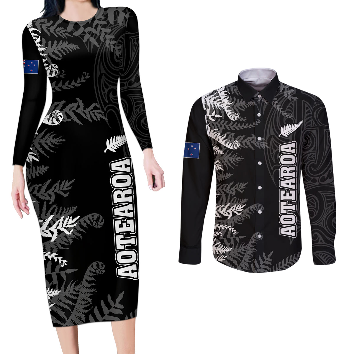 Personalised New Zealand Rugby Couples Matching Long Sleeve Bodycon Dress and Long Sleeve Button Shirts Silver Fern Basic 2023 World Cup LT7 Black - Polynesian Pride