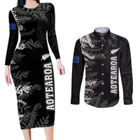 Personalised New Zealand Rugby Couples Matching Long Sleeve Bodycon Dress and Long Sleeve Button Shirts Silver Fern Basic 2023 World Cup LT7 Black - Polynesian Pride