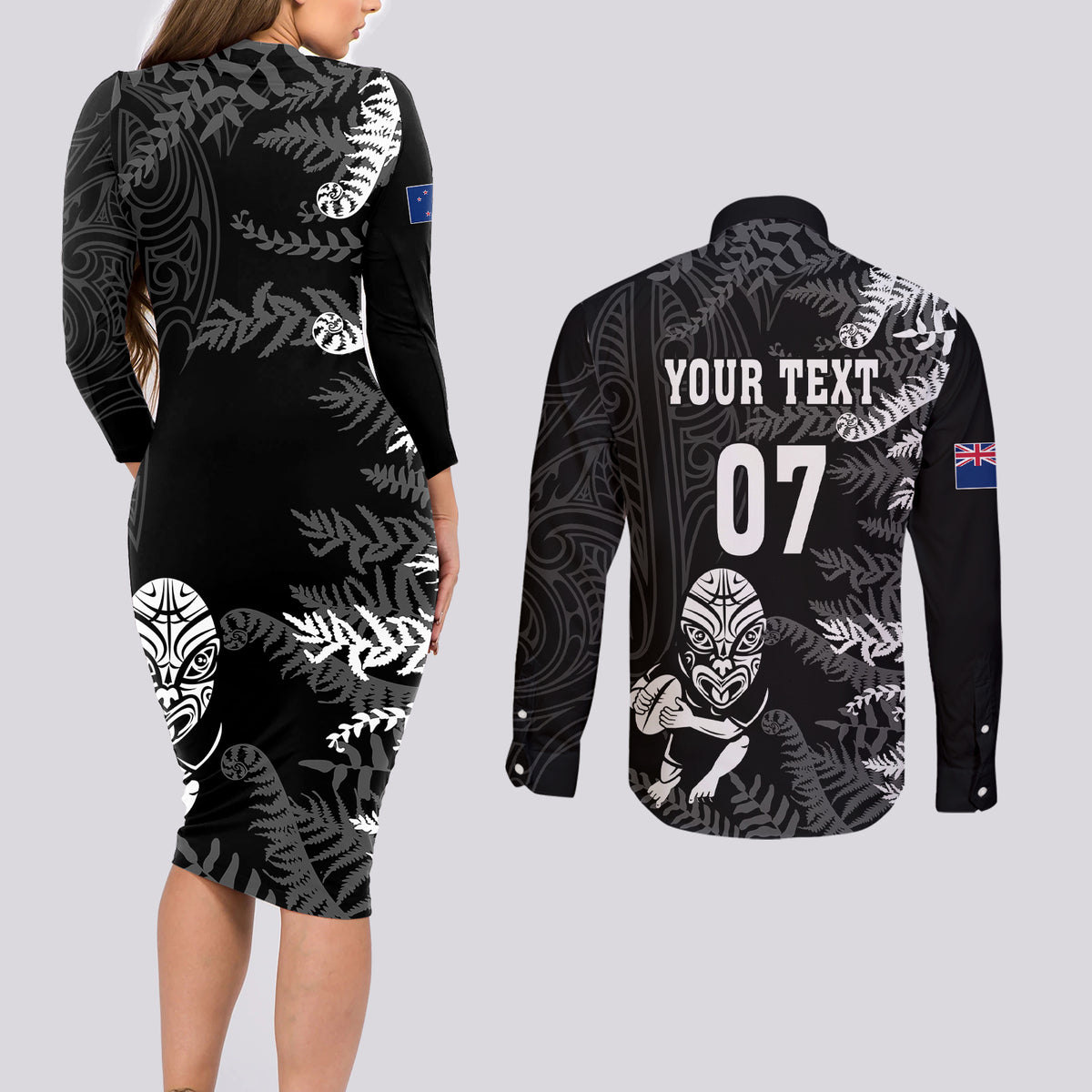 Personalised New Zealand Rugby Couples Matching Long Sleeve Bodycon Dress and Long Sleeve Button Shirts Silver Fern Basic 2023 World Cup LT7 - Polynesian Pride
