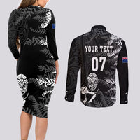 Personalised New Zealand Rugby Couples Matching Long Sleeve Bodycon Dress and Long Sleeve Button Shirts Silver Fern Basic 2023 World Cup LT7 - Polynesian Pride