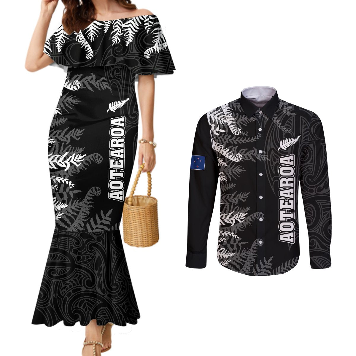 Personalised New Zealand Rugby Couples Matching Mermaid Dress and Long Sleeve Button Shirts Silver Fern Basic 2023 World Cup LT7 Black - Polynesian Pride