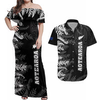 Personalised New Zealand Rugby Couples Matching Off Shoulder Maxi Dress and Hawaiian Shirt Silver Fern Basic 2023 World Cup LT7 Black - Polynesian Pride