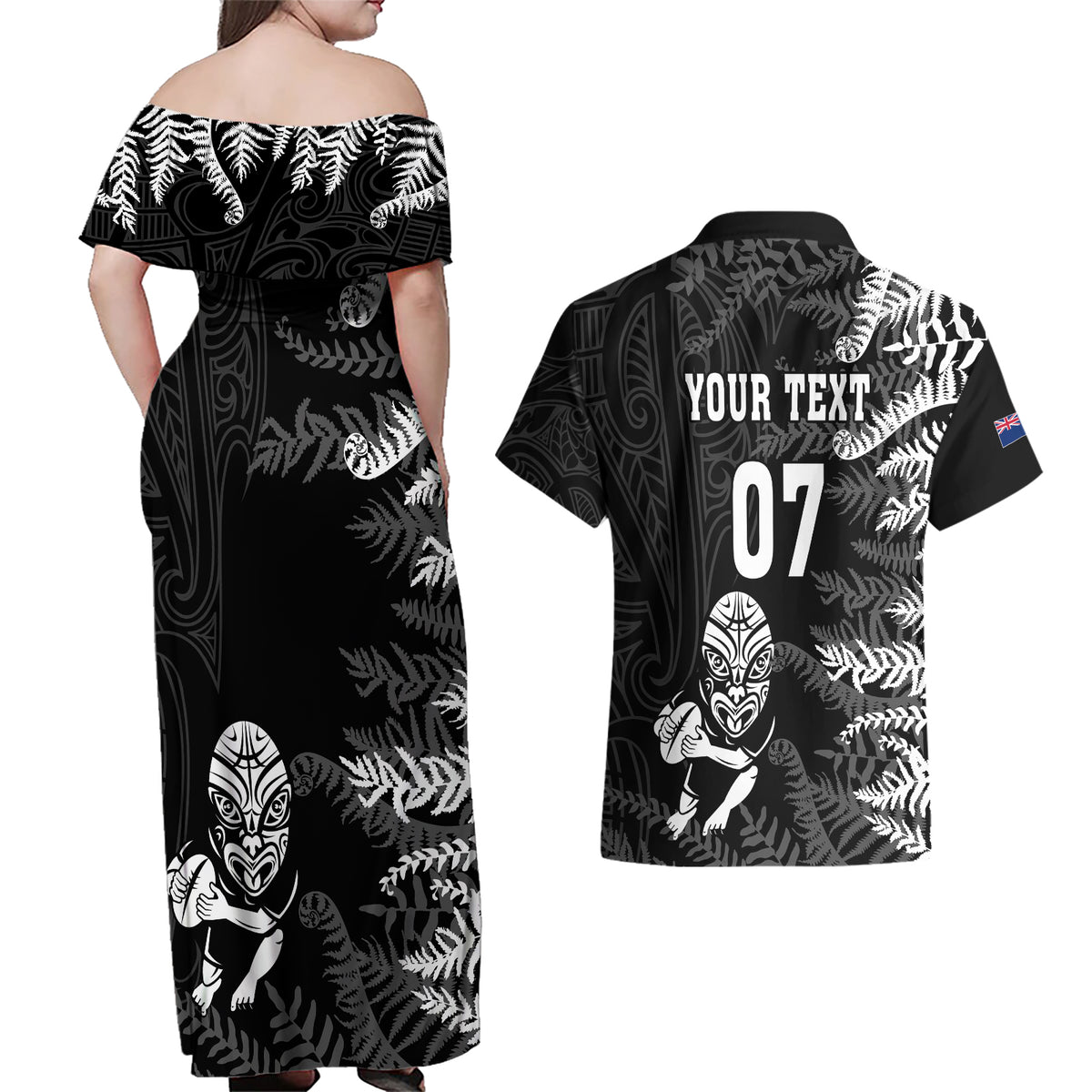 Personalised New Zealand Rugby Couples Matching Off Shoulder Maxi Dress and Hawaiian Shirt Silver Fern Basic 2023 World Cup LT7 - Polynesian Pride