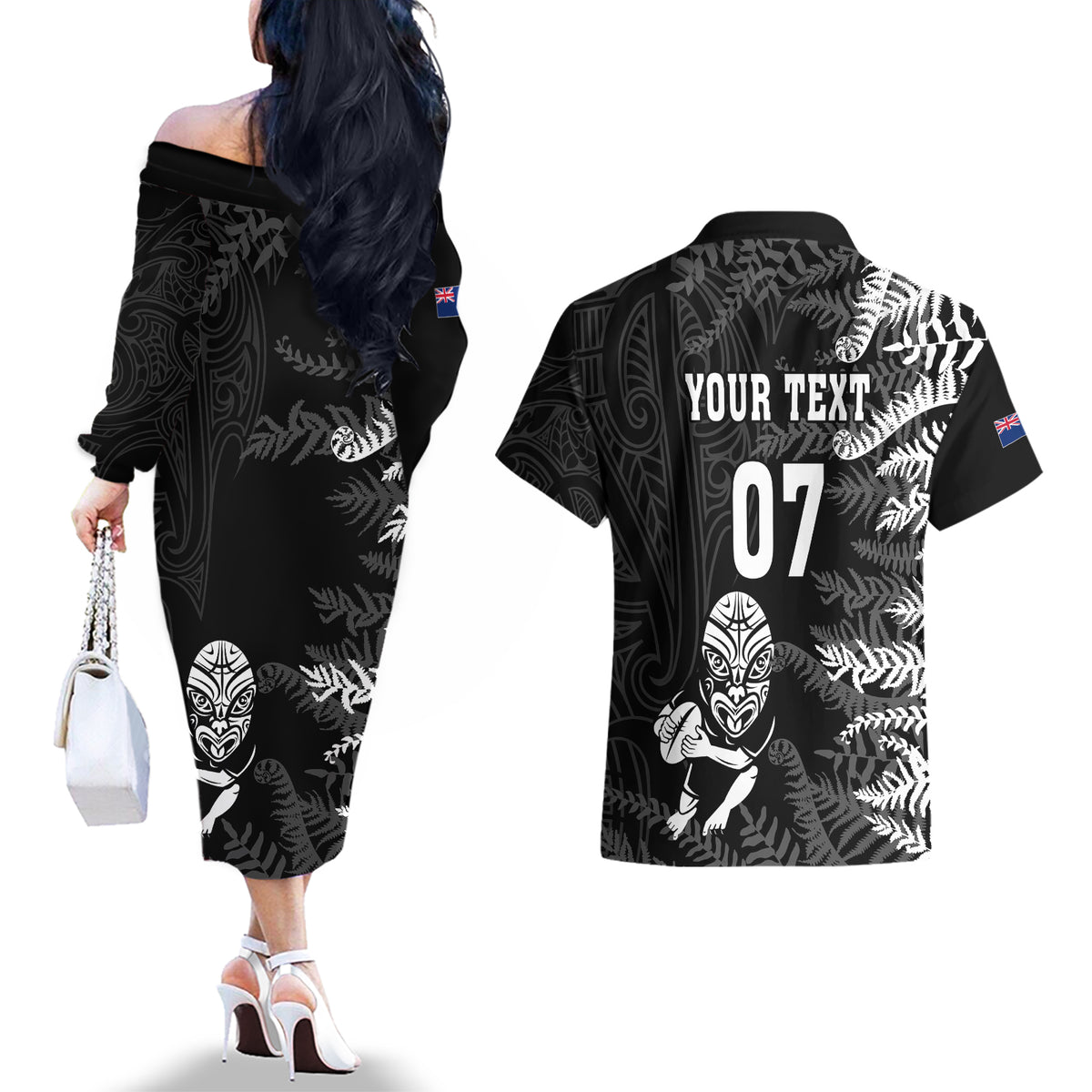 Personalised New Zealand Rugby Couples Matching Off The Shoulder Long Sleeve Dress and Hawaiian Shirt Silver Fern Basic 2023 World Cup LT7 - Polynesian Pride