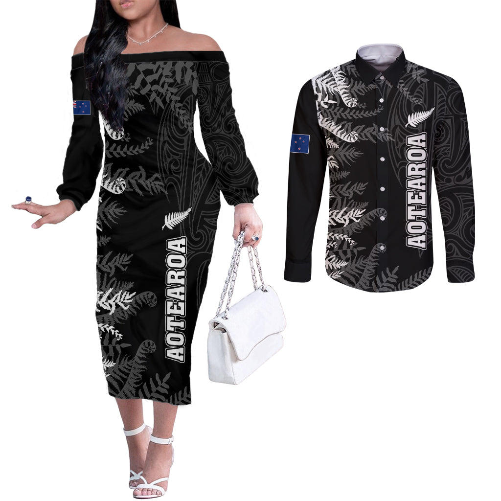 Personalised New Zealand Rugby Couples Matching Off The Shoulder Long Sleeve Dress and Long Sleeve Button Shirts Silver Fern Basic 2023 World Cup LT7 Black - Polynesian Pride