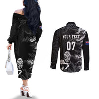 Personalised New Zealand Rugby Couples Matching Off The Shoulder Long Sleeve Dress and Long Sleeve Button Shirts Silver Fern Basic 2023 World Cup LT7 - Polynesian Pride