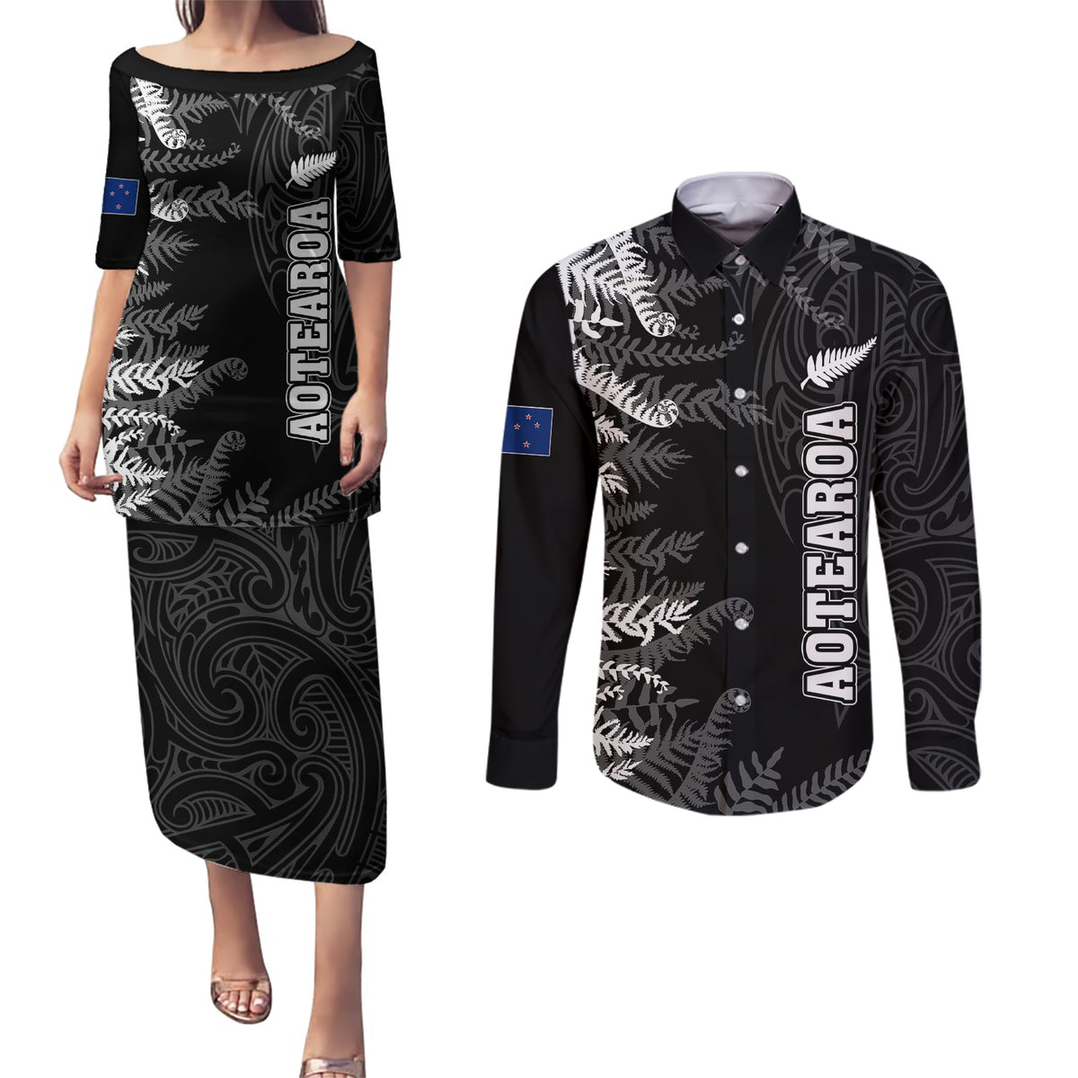 Personalised New Zealand Rugby Couples Matching Puletasi Dress and Long Sleeve Button Shirts Silver Fern Basic 2023 World Cup LT7 Black - Polynesian Pride