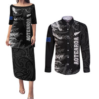 Personalised New Zealand Rugby Couples Matching Puletasi Dress and Long Sleeve Button Shirts Silver Fern Basic 2023 World Cup LT7 Black - Polynesian Pride