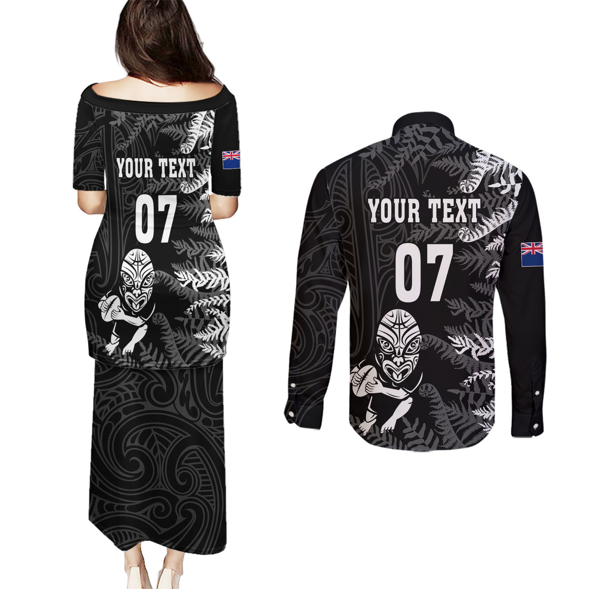 Personalised New Zealand Rugby Couples Matching Puletasi Dress and Long Sleeve Button Shirts Silver Fern Basic 2023 World Cup LT7 - Polynesian Pride
