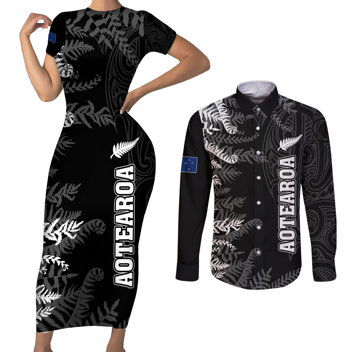 Personalised New Zealand Rugby Couples Matching Short Sleeve Bodycon Dress and Long Sleeve Button Shirts Silver Fern Basic 2023 World Cup LT7 Black - Polynesian Pride