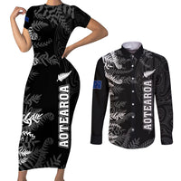 Personalised New Zealand Rugby Couples Matching Short Sleeve Bodycon Dress and Long Sleeve Button Shirts Silver Fern Basic 2023 World Cup LT7 Black - Polynesian Pride