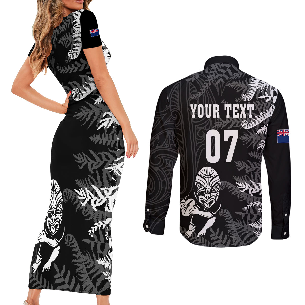 Personalised New Zealand Rugby Couples Matching Short Sleeve Bodycon Dress and Long Sleeve Button Shirts Silver Fern Basic 2023 World Cup LT7 - Polynesian Pride