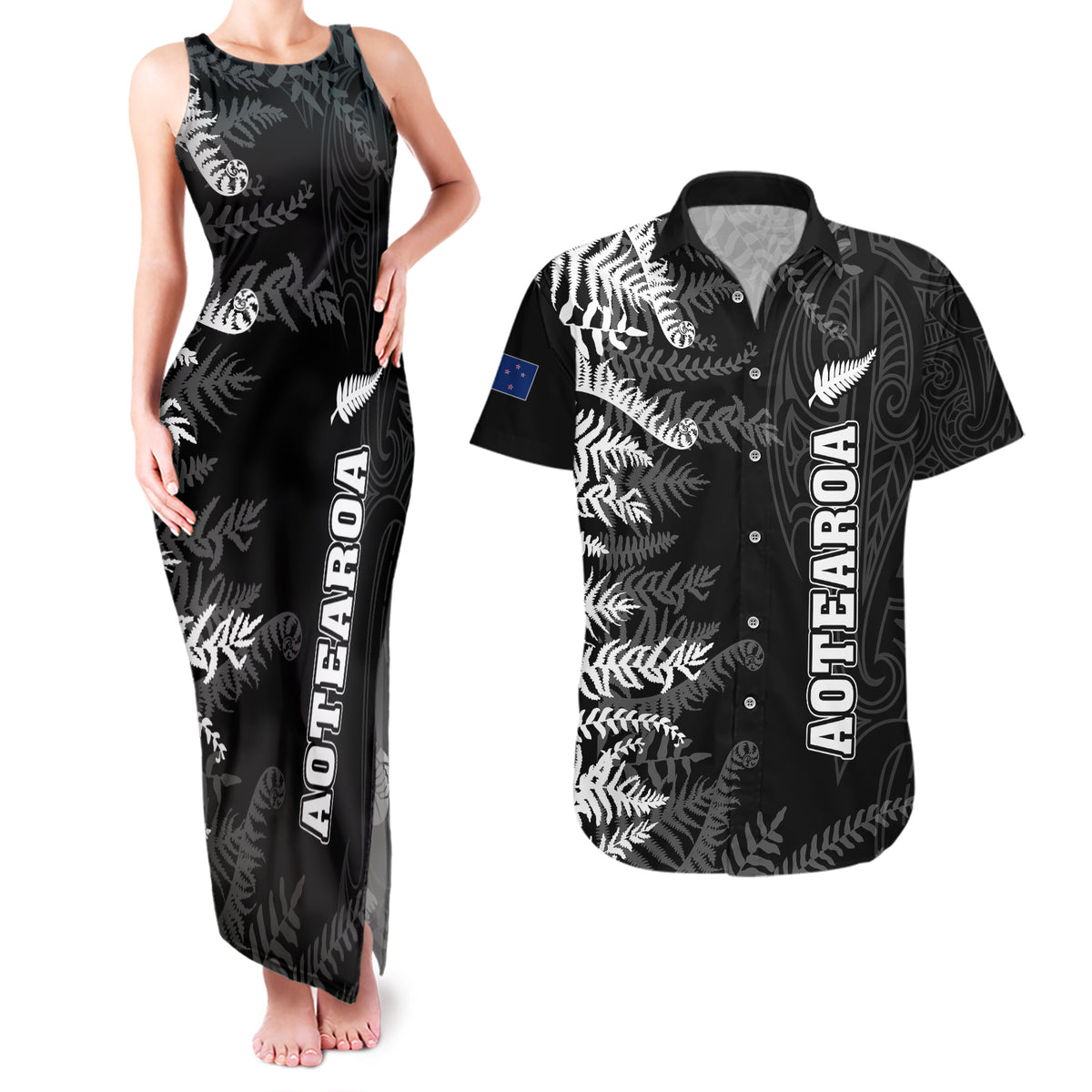 Personalised New Zealand Rugby Couples Matching Tank Maxi Dress and Hawaiian Shirt Silver Fern Basic 2023 World Cup LT7 Black - Polynesian Pride