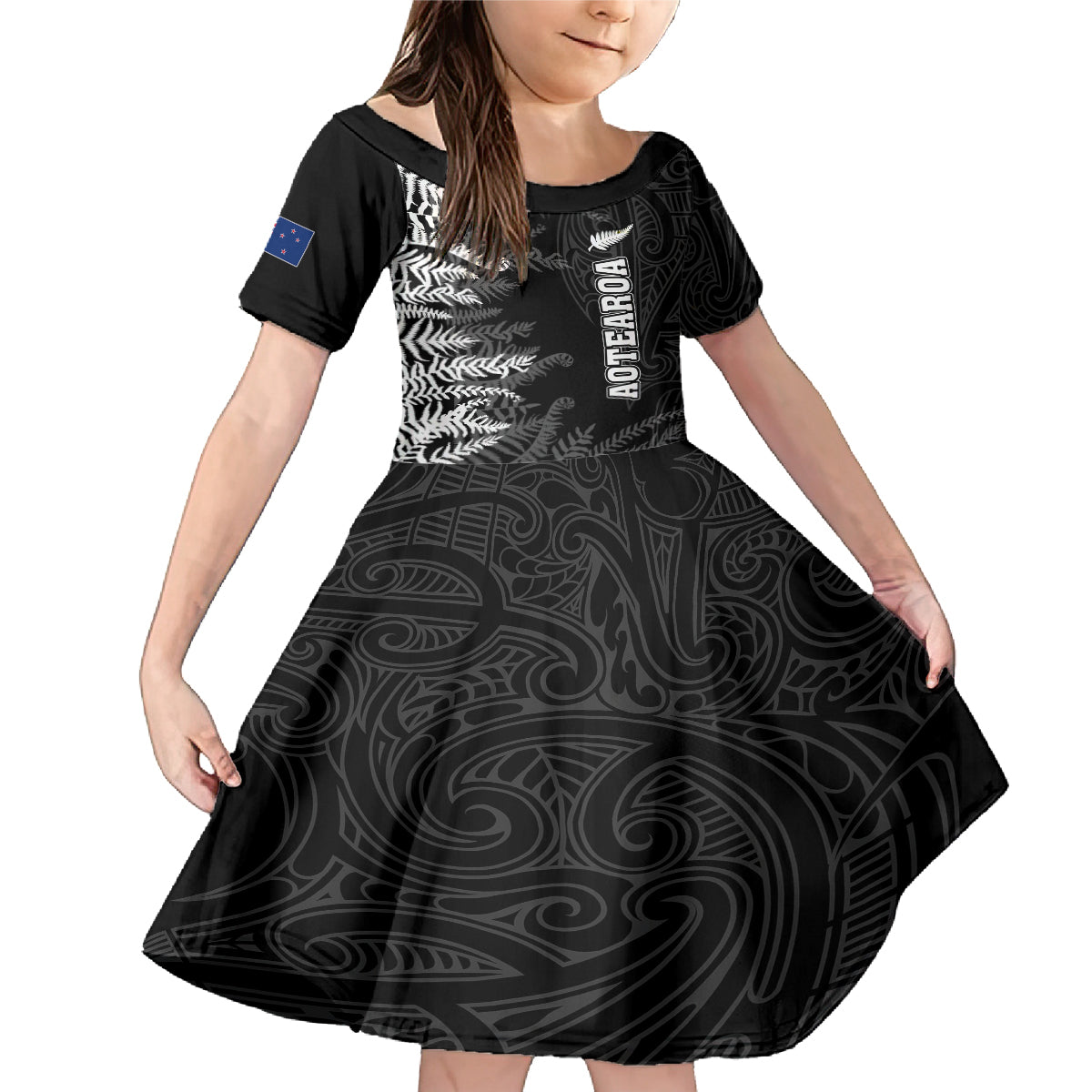 Personalised New Zealand Rugby Family Matching Mermaid Dress and Hawaiian Shirt Silver Fern Basic 2023 World Cup LT7 Daughter's Dress Black - Polynesian Pride