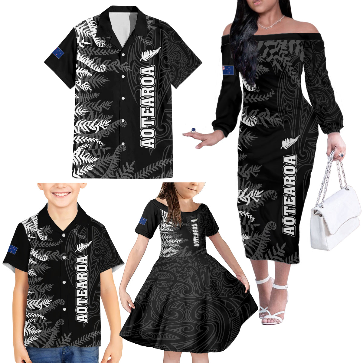Personalised New Zealand Rugby Family Matching Off Shoulder Long Sleeve Dress and Hawaiian Shirt Silver Fern Basic 2023 World Cup LT7 - Polynesian Pride