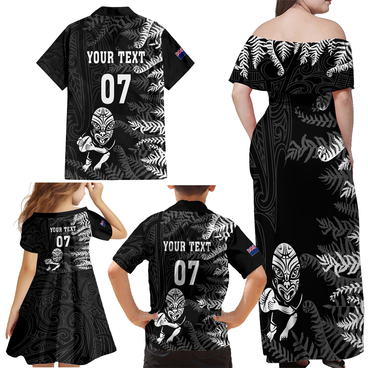 Personalised New Zealand Rugby Family Matching Off Shoulder Maxi Dress and Hawaiian Shirt Silver Fern Basic 2023 World Cup LT7 - Polynesian Pride