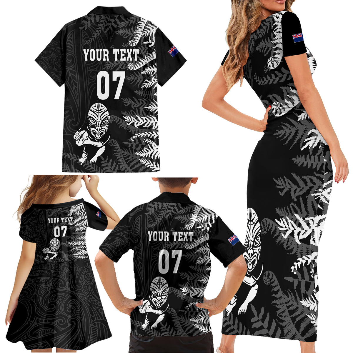 Personalised New Zealand Rugby Family Matching Short Sleeve Bodycon Dress and Hawaiian Shirt Silver Fern Basic 2023 World Cup LT7 - Polynesian Pride
