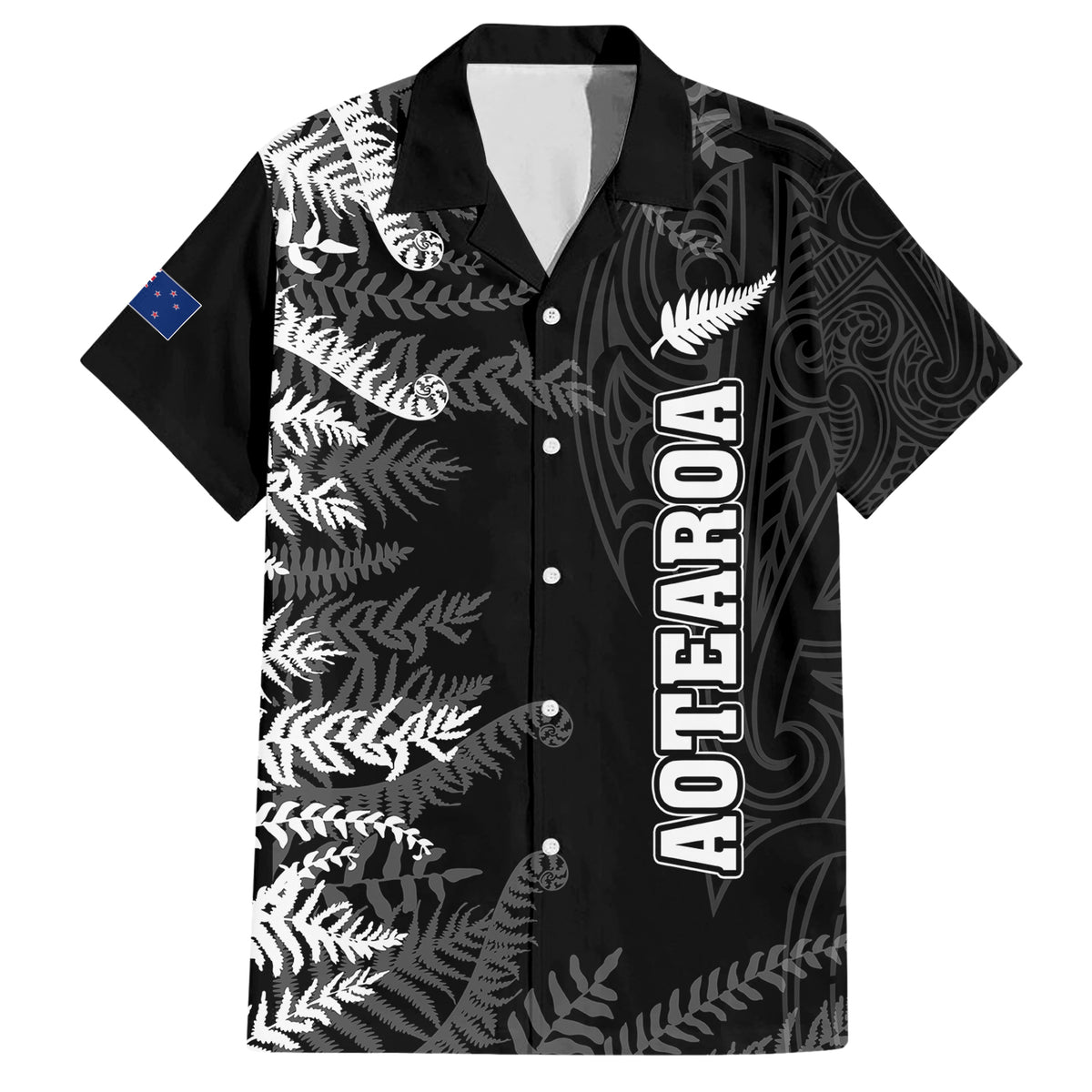 Personalised New Zealand Rugby Family Matching Short Sleeve Bodycon Dress and Hawaiian Shirt Silver Fern Basic 2023 World Cup LT7 Dad's Shirt - Short Sleeve Black - Polynesian Pride