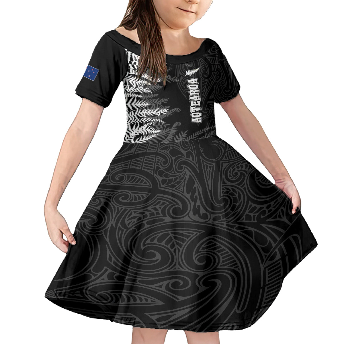 Personalised New Zealand Rugby Family Matching Summer Maxi Dress and Hawaiian Shirt Silver Fern Basic 2023 World Cup LT7 Daughter's Dress Black - Polynesian Pride