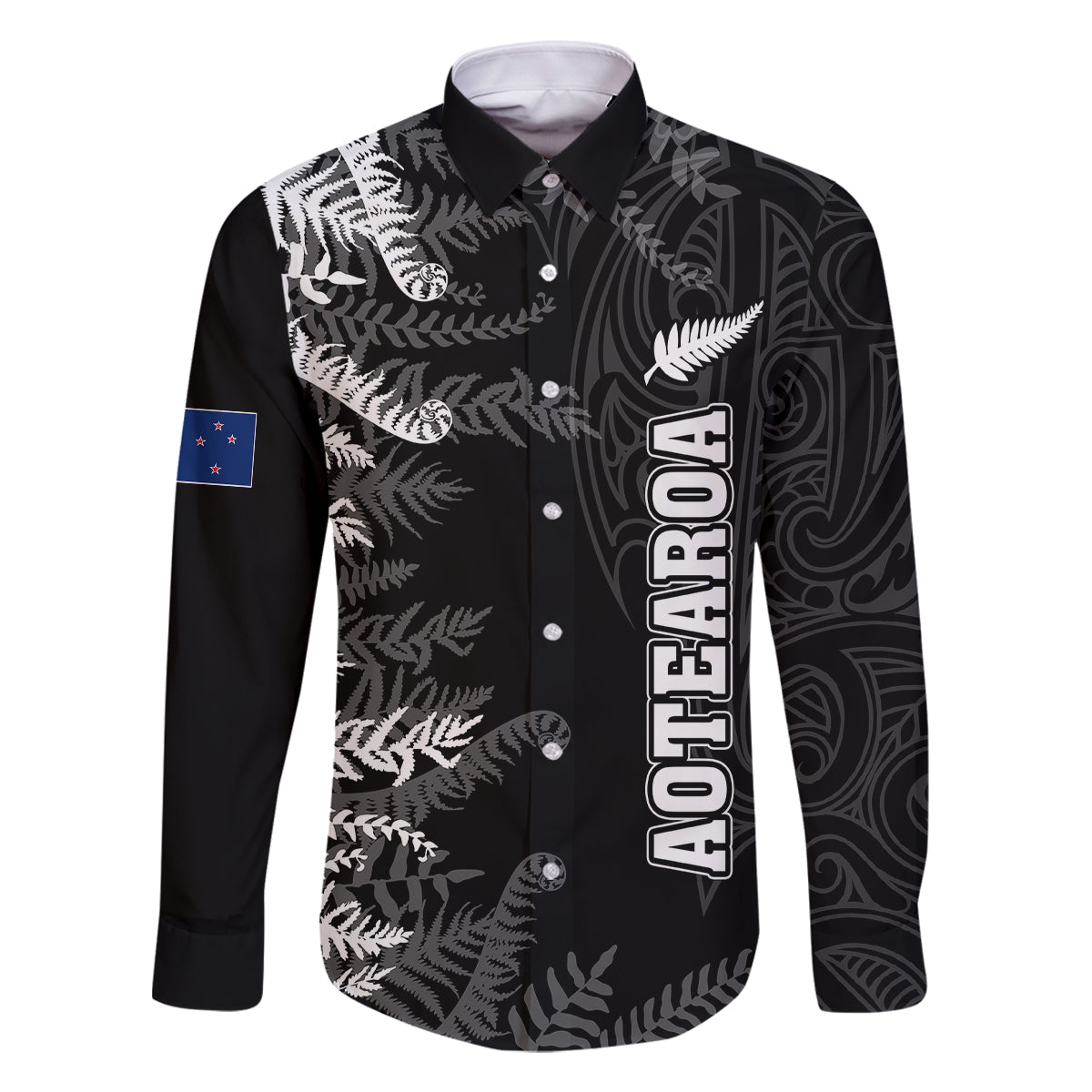Personalised New Zealand Rugby Family Matching Tank Maxi Dress and Hawaiian Shirt Silver Fern Basic 2023 World Cup LT7 Dad's Shirt - Long Sleeve Black - Polynesian Pride