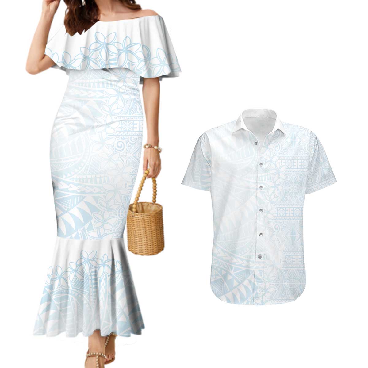 White Sunday Couples Matching Mermaid Dress and Hawaiian Shirt Plumeria Tatau Mix Tapa LT7 White - Polynesian Pride