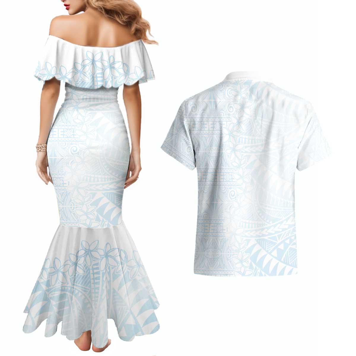 White Sunday Couples Matching Mermaid Dress and Hawaiian Shirt Plumeria Tatau Mix Tapa LT7 - Polynesian Pride
