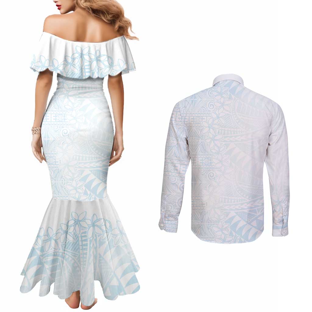 White Sunday Couples Matching Mermaid Dress and Long Sleeve Button Shirt Plumeria Tatau Mix Tapa LT7 - Polynesian Pride