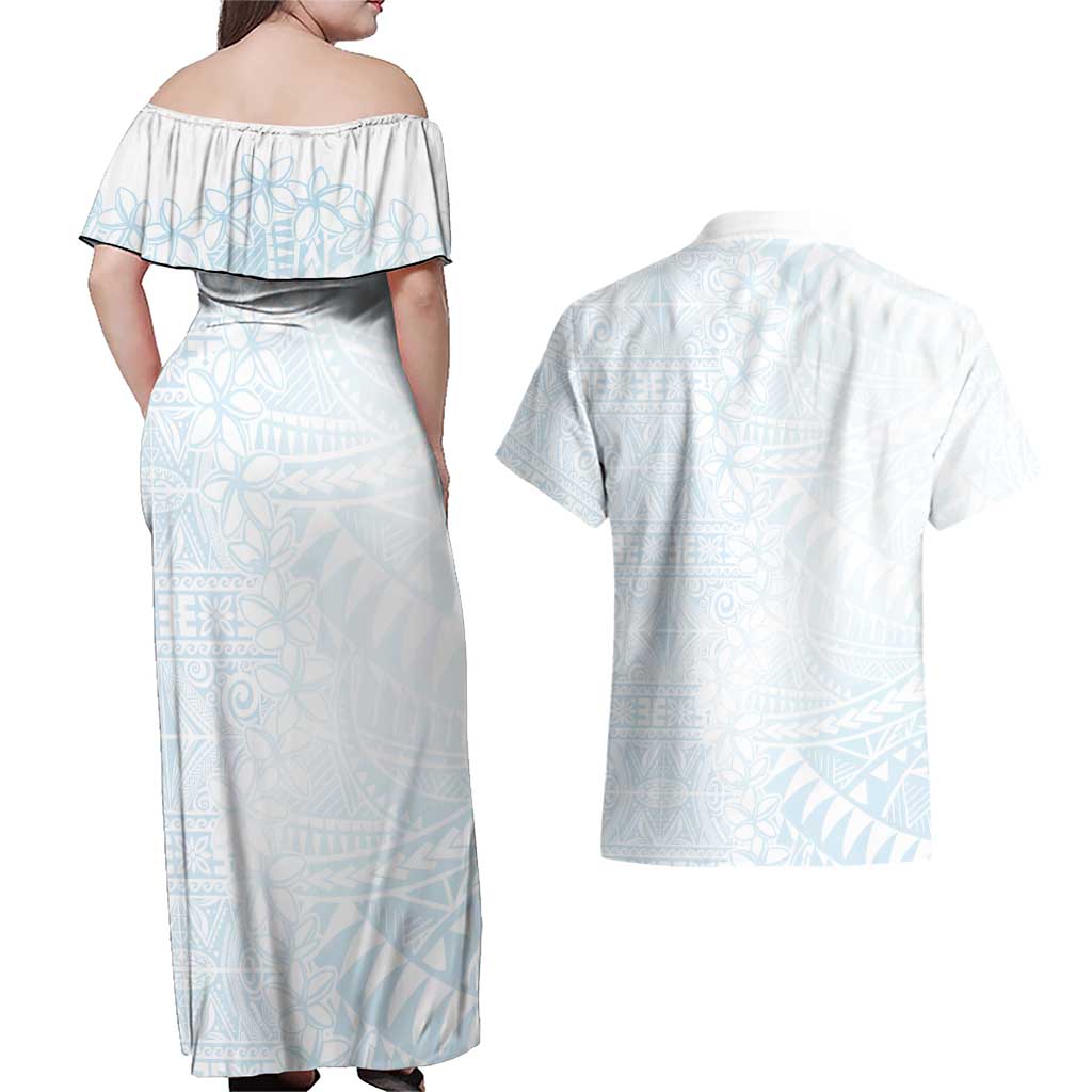 White Sunday Couples Matching Off Shoulder Maxi Dress and Hawaiian Shirt Plumeria Tatau Mix Tapa LT7 - Polynesian Pride