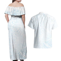 White Sunday Couples Matching Off Shoulder Maxi Dress and Hawaiian Shirt Plumeria Tatau Mix Tapa LT7 - Polynesian Pride
