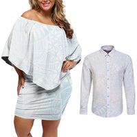 White Sunday Couples Matching Off Shoulder Short Dress and Long Sleeve Button Shirt Plumeria Tatau Mix Tapa LT7 White - Polynesian Pride