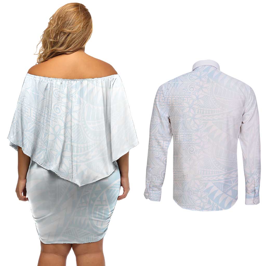 White Sunday Couples Matching Off Shoulder Short Dress and Long Sleeve Button Shirt Plumeria Tatau Mix Tapa LT7 - Polynesian Pride