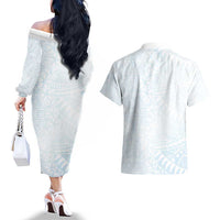 White Sunday Couples Matching Off The Shoulder Long Sleeve Dress and Hawaiian Shirt Plumeria Tatau Mix Tapa LT7 - Polynesian Pride