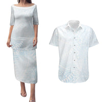 White Sunday Couples Matching Puletasi and Hawaiian Shirt Plumeria Tatau Mix Tapa LT7 White - Polynesian Pride