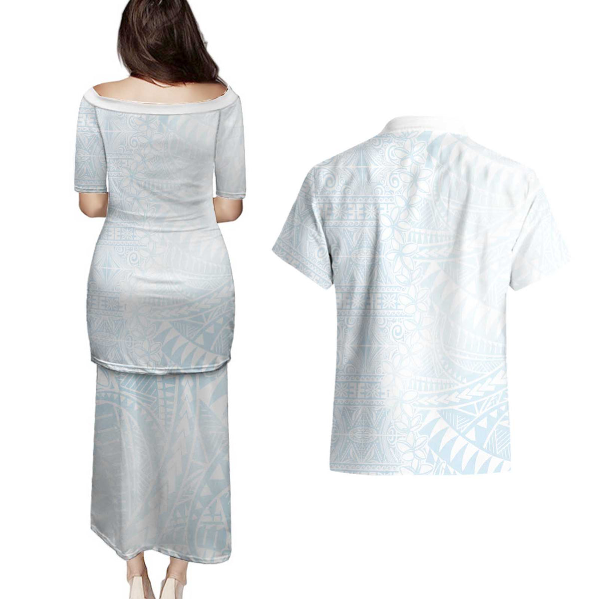 White Sunday Couples Matching Puletasi and Hawaiian Shirt Plumeria Tatau Mix Tapa LT7 - Polynesian Pride