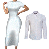 White Sunday Couples Matching Short Sleeve Bodycon Dress and Long Sleeve Button Shirt Plumeria Tatau Mix Tapa LT7 White - Polynesian Pride