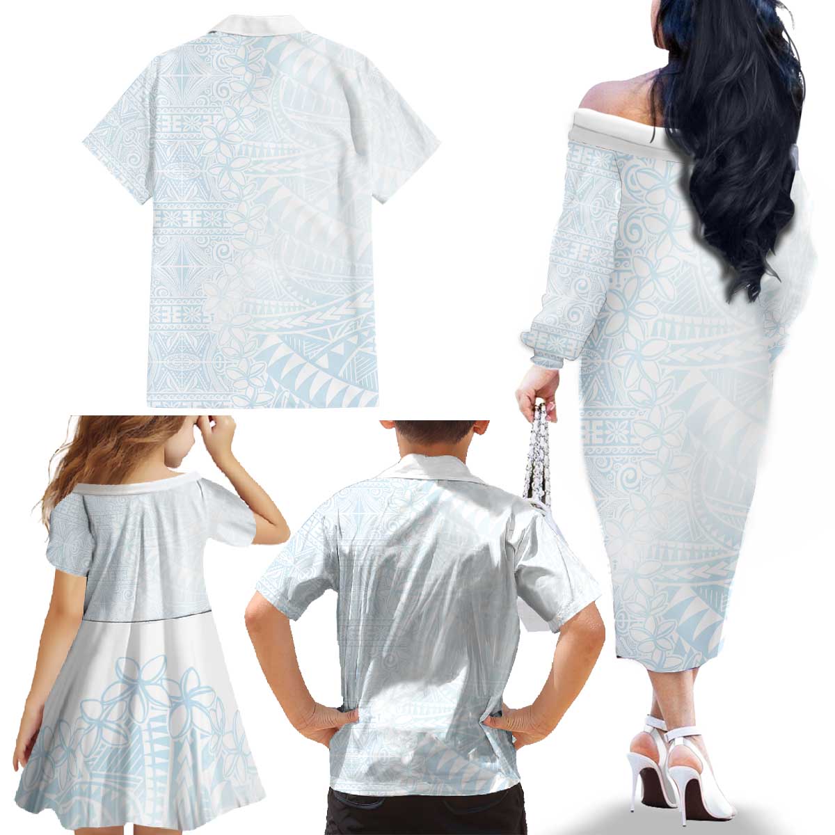 White Sunday Family Matching Off The Shoulder Long Sleeve Dress and Hawaiian Shirt Plumeria Tatau Mix Tapa LT7 - Polynesian Pride
