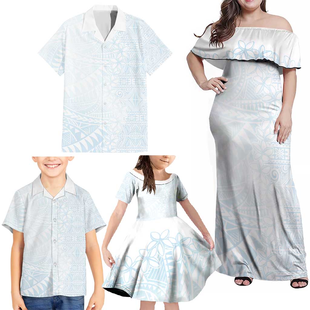 White Sunday Family Matching Off Shoulder Maxi Dress and Hawaiian Shirt Plumeria Tatau Mix Tapa LT7 - Polynesian Pride