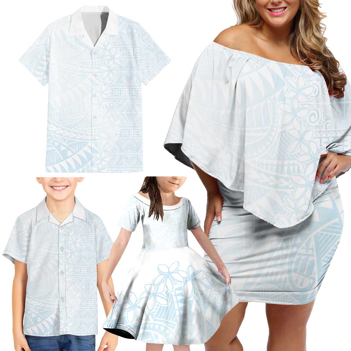 White Sunday Family Matching Off Shoulder Short Dress and Hawaiian Shirt Plumeria Tatau Mix Tapa LT7 - Polynesian Pride