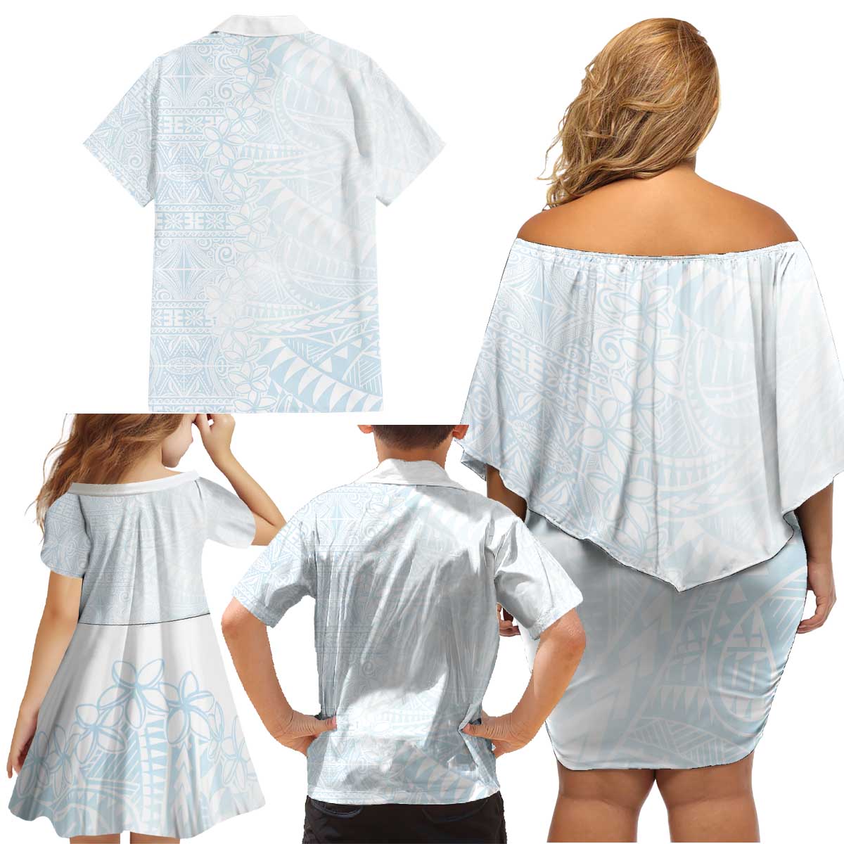 White Sunday Family Matching Off Shoulder Short Dress and Hawaiian Shirt Plumeria Tatau Mix Tapa LT7 - Polynesian Pride