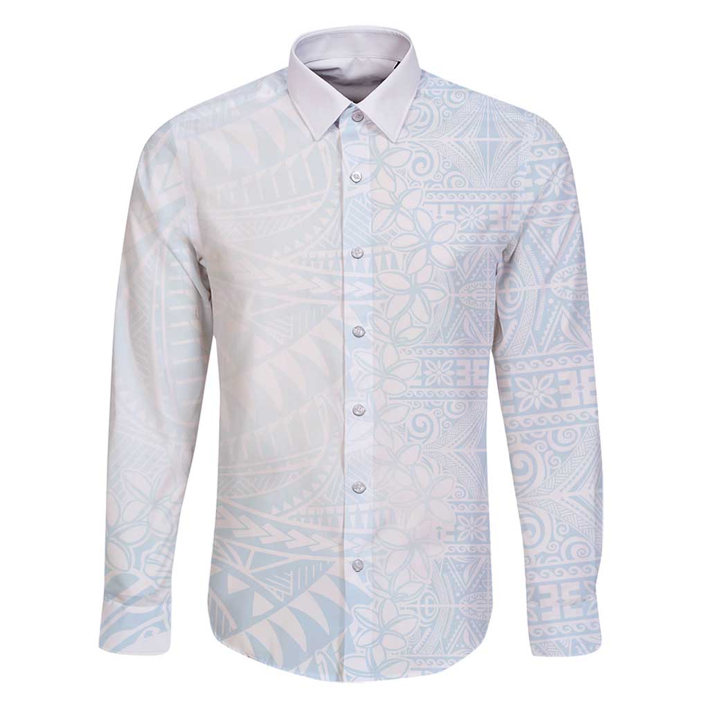 White Sunday Family Matching Puletasi and Hawaiian Shirt Plumeria Tatau Mix Tapa LT7 Dad's Shirt - Long Sleeve White - Polynesian Pride